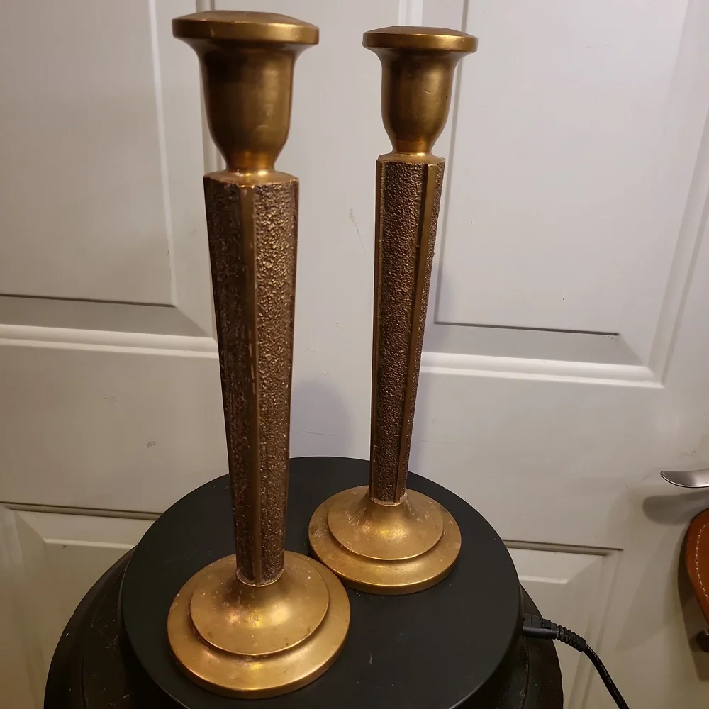 Antique Pair of Bronze Cast Embossed Candle Holder Candle Sticks 12" - Picture 5 of 11